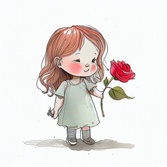 Wall Mural - Watercolor illustration of a cute girl holding a rose. Generative ai