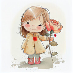 Wall Mural - Watercolor illustration of a cute girl holding a rose. Generative ai