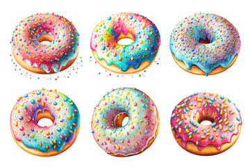 Wall Mural - Set of colorful tasty donuts with sprinkles in watercolor style. Hand-drawn donuts isolated on white background. Vector illustration