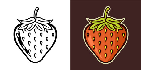 Strawberry fruit colored flat vector illustration in two styles black on white and colorful on dark background