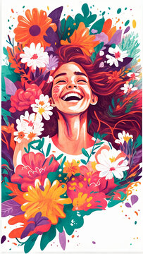 postcard with happy woman with flowers around her, generative ai, place for text, women's day concep