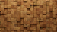Square, Soft Sheen Wall Background With Tiles. 3D, Tile Wallpaper With Wood, Timber Blocks. 3D Render