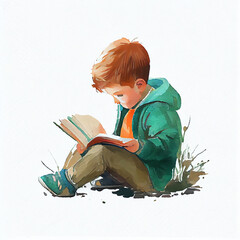 Wall Mural - Watercolor illustration of a boy reading a book. Generative ai