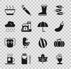 Sticker - Set Mulled wine, Pumpkin, Eggplant, Waterproof rubber boot, Farm house, Cloud with rain, Bowl hot soup and Umbrella icon. Vector