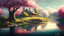 Beautiful Art Illustration Of Sakura Blossom With Birds Cartoon Style Generative Ai