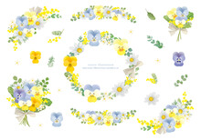 水彩で描いた春の花の素材セット