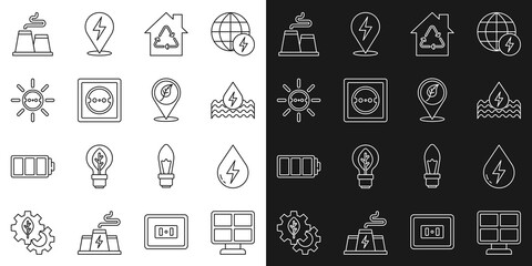 Poster - Set line Solar energy panel, Water, Eco House with recycling, Electrical outlet, Factory and Location leaf icon. Vector