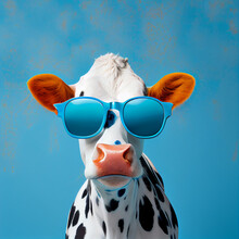 Cow In Sunglasses On A Blue Background