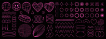 Geometry Wireframe Shapes And Grids In Neon Pink Color. 3D Hearts, Abstract Backgrounds, Patterns, Cyberpunk Elements In Trendy Psychedelic Rave Style. 00s Y2k Retro Futuristic Aesthetic.