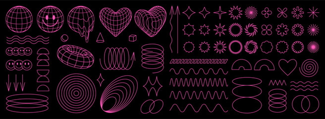 Wall Mural - Geometry wireframe shapes and grids in neon pink color. 3D hearts, abstract backgrounds, patterns, cyberpunk elements in trendy psychedelic rave style. 00s Y2k retro futuristic aesthetic.