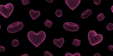 Geometry wireframe shapes and grids in neon pink color. 3D hearts seamless pattern and abstract background. Cyberpunk elements in trendy psychedelic rave style. 00s Y2k retro futuristic aesthetic.