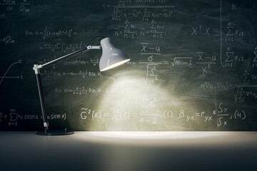 Wall Mural - Dark chalkboard with mathematical formulas background with place for product presentation illuminated by white table lamp. 3D rendering, mockup