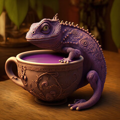 Sticker - purple chameleon drinking purple tea Generative AI