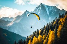 A Paraglider Flying In The Sky, With Mountains And Forests In The Background - Generative AI