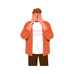 Sticker - Ignoring, closing eyes with palms. Man character covering, hiding face, avoiding looking, refusing to see, blind to smth. Ignorance concept. Flat vector illustration isolated on white background