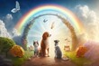 A beautiful fairy garden of Eden with happy dogs and cats who run and play. They live after death in a heavenly paradise. Concept of life after death for animals.