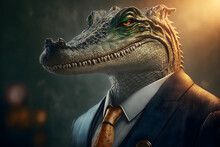 Portrait D'un Crocodile Anthropomorphe Businessman Travaillant Dans Les Bureaux De Sa Société » IA Générative
