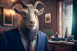 Portrait d'une chèvre anthropomorphe businessman travaillant dans les bureaux de sa société » IA générative