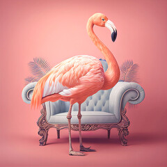 Wall Mural - Abstract creative animal concept of a flamingo posing as a man in apartment, a vintage, style room design. Pink tropical flamingo with furniture. Illustration, Generative AI.