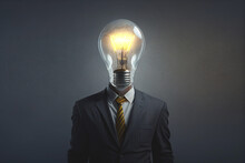 Businessman With Light Bulb Head On A Gray Background, Creative And Idea Concept, Generative Ai