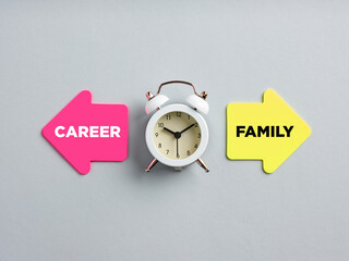 Wall Mural - Career and family written on arrow note papers next to a clock. Dilemma between spending time for the career or family.