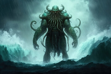 warrior standing looking Cthulhu,Cosmic monster, sea monster,strom bad weather ,digital art, Illustration painting. (ai generated)