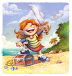 Illustration of little pirate girl with sword and treasure chest