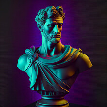 Abstract Neon Antique Ceramic Sculpture Of A Warrior Man, Full Of Details. Neon Purple, Blue Lights. Dark Background. Retro Futurism. Illustration, Generative AI.