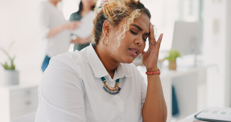 Wall Mural - Headache, stress and business woman with tech glitch, wifi problem and anxiety about connection. Angry, tired and marketing employee frustrated with laptop, phone and communication mistake at work