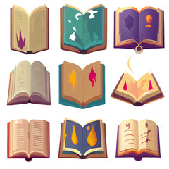 vector set illustration in cartoon style of open magic book