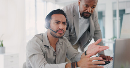 Aufkleber - Call center, help and manager with team support, problem solving and solution for software error, website 404 and glitch. Information technology, confused and leader with employee advice for mistake