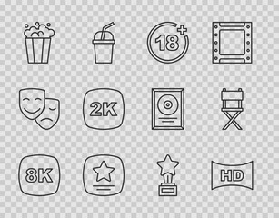 Sticker - Set line 8k Ultra HD, Hd movie, tape, frame, Plus 18, Walk of fame star, Popcorn in cardboard box, 2k, Movie trophy and Director chair icon. Vector