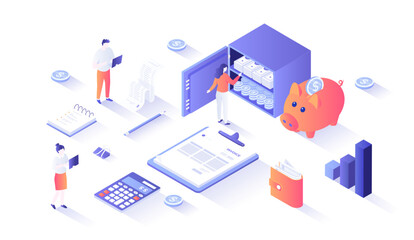 Wall Mural - Financial calculations. Bookkeeping, audit, analysis, reporting, accounting. Invoice, piggy bank, safe, money, calculator, receipt. Isometry illustration with people scene for web graphic.