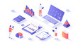 Financial report. Analytics, analysis, audit, results, research. Documents, reports, graphs and charts. Isometry illustration with people scene for web graphic.