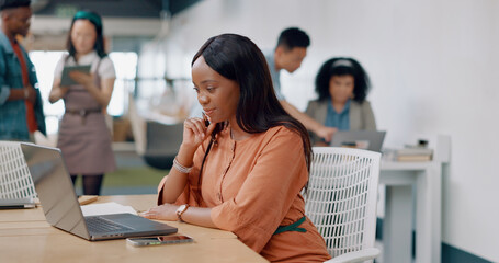 Poster - Black woman, thinking and laptop for digital marketing, writing notes or online schedule in modern office. African American female, administrator and creative with idea, planning advertising or focus
