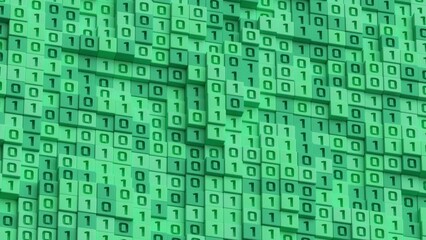 Poster - Green binary code. Programming and technology background. 3D render seamless loop animation