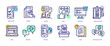 Set of linear icons with Survey concept in purple, yellow on blue colors. Icons present different types of online and paper survey.