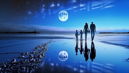 Happy family with kids walking at the beach in night. Generative Ai.