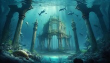 Atlantis Underwater Scene, Magic Blue Ocean With Ancient Temple Ruins, Deep Blue Sea With Mysterious Lights, Generative Ai