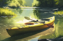 A Picture Of A Yellow Kayak In A River On A Sunny Day