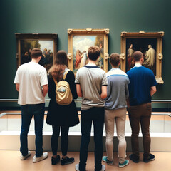 Back view of students in a museum. Generative AI.