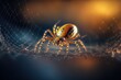 Boo-tiful Halloween hazy backdrop with a cross-crawling spider on a spider thread. Generative AI
