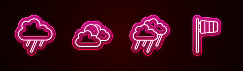 Poster - Set line Cloud with rain, Sun and cloud weather, and Cone windsock wind vane. Glowing neon icon. Vector