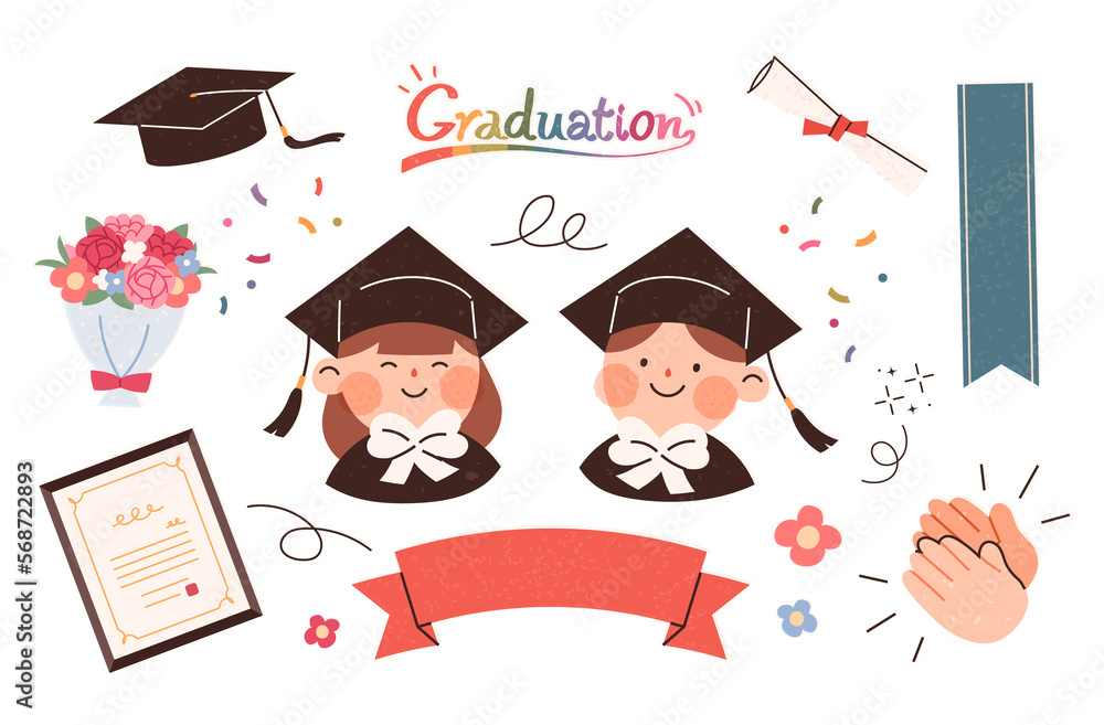 Cute Graduation Elements Icon Set. Graduation ceremony concept illustration including bachelor cap, graduation gown, diploma and bouquet.