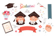 Cute Graduation Elements Icon Set. Graduation ceremony concept illustration including bachelor cap, graduation gown, diploma and bouquet.