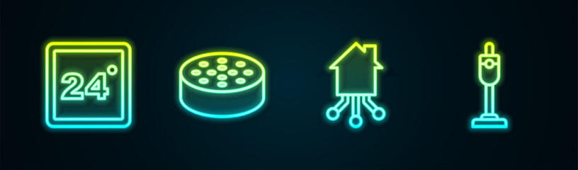 Poster - Set line Thermostat, Water sensor, Smart home and Vacuum cleaner. Glowing neon icon. Vector