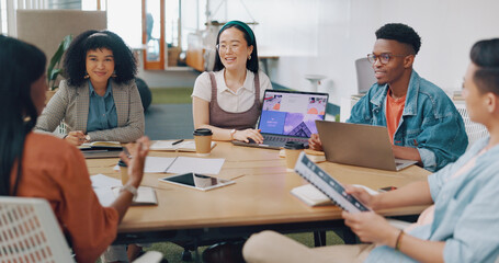 Poster - Laptop, presentation and meeting with a woman team leader training or coaching her business team in the office. Data, marketing and workshop with a female manager and employee group in a seminar