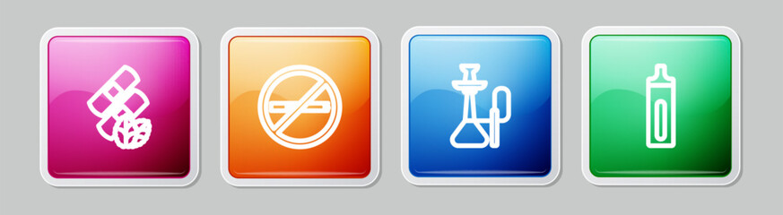 Poster - Set line Medical nicotine patches, No smoking, Hookah and Electronic cigarette. Colorful square button. Vector