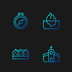 Sticker - Set line Church building, Norwegian wooden house, Compass and Iceberg. Gradient color icons. Vector