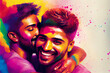 Portrait of two gay men embracing love and affection, generative ai. The bright hues and intricate details capture the warmth of the moment. A beautiful representation of love in all its forms
